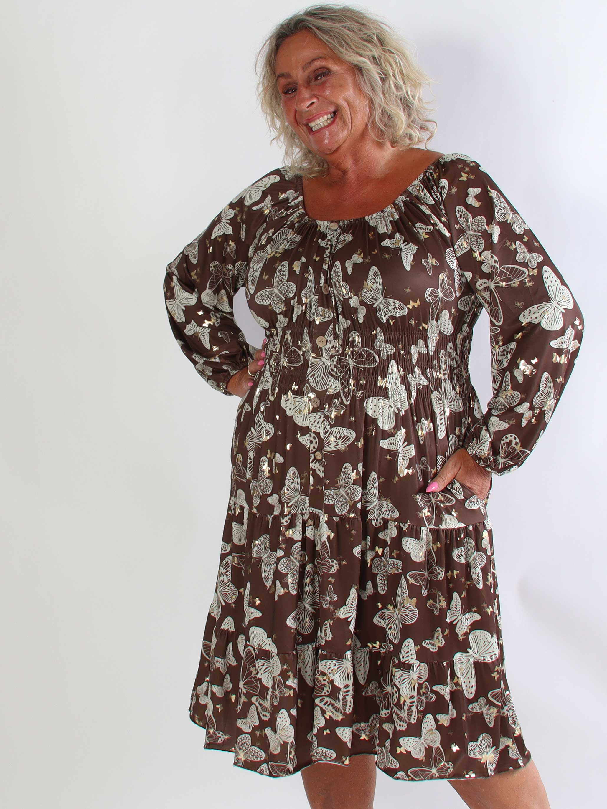 Tea Butterfly L/S - Plus size kjole med elastik i livet og sommerfugleprint